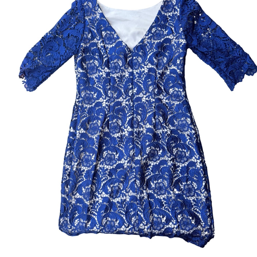 Eliza J Royal Blue Floral Guipure Lace V-Neck Sheath Cocktail Dress Size 10 - Picture 2 of 15
